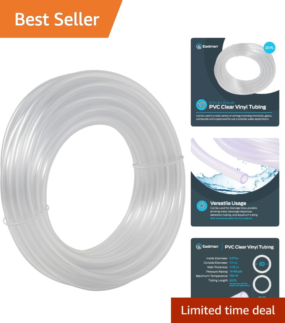 0.17 Inch ID 1/4 Inch OD PVC Clear Vinyl Tubing, 20 Foot Length, 98560