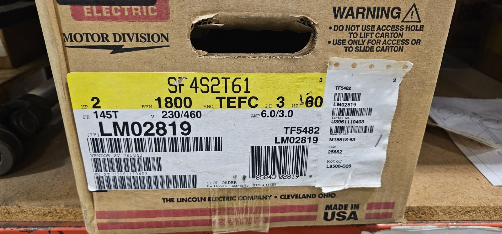 Lincoln Electric 2 HP 1800 RPM TEFC Motor 230/460V SF4S2T61 LM02819