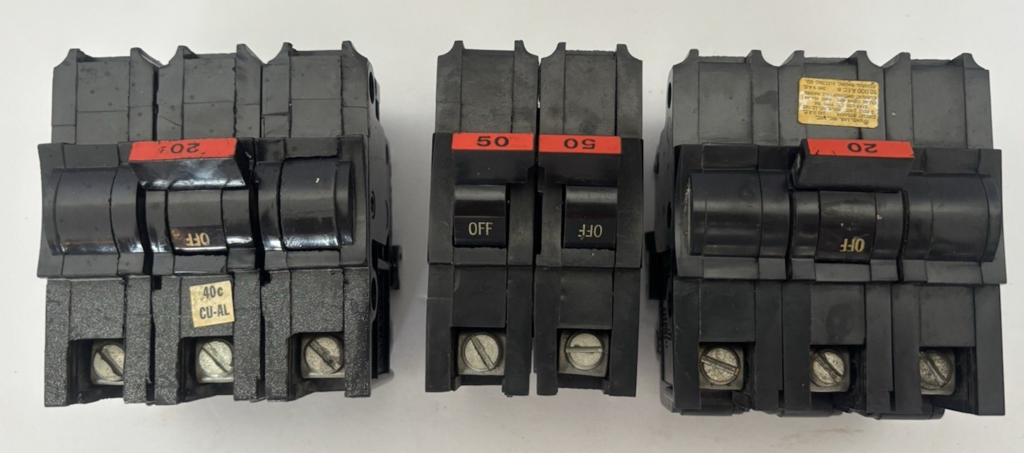 Lot of 3 FPE Circuit Breakers- Two – 20 Amp 3 Pole Stab-Lok & One- 50 Amp 2 Pole