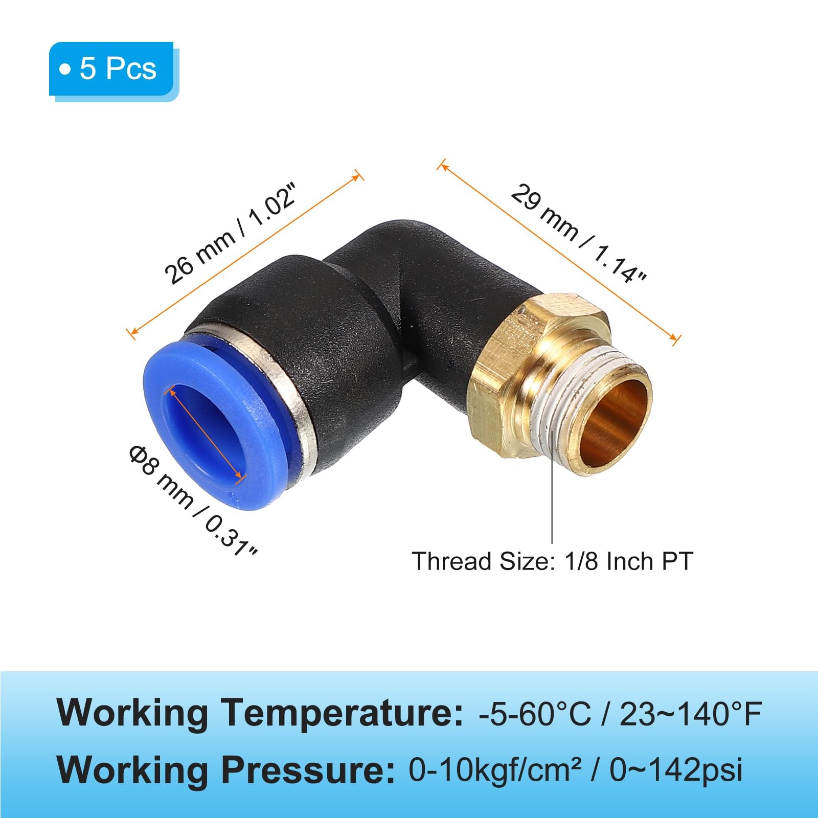 PATIKIL 1/8 Push to Connect Fitting 5 Pack PT Male Thread 90 Degree 8mmx1/8″PT