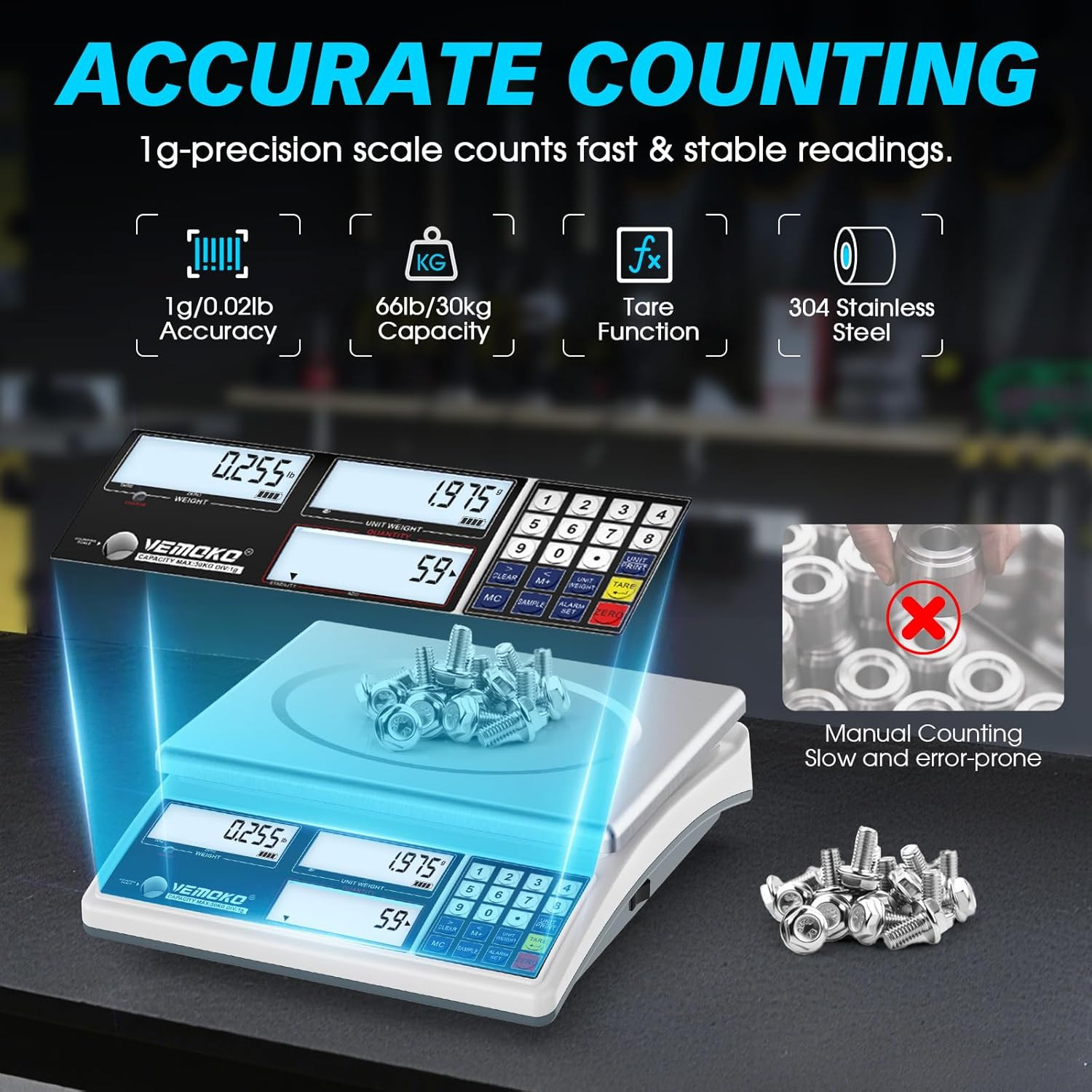 Industrial Counting Scale for Small Parts – 30Kg/66Lb Digital Gram Scale with 1G