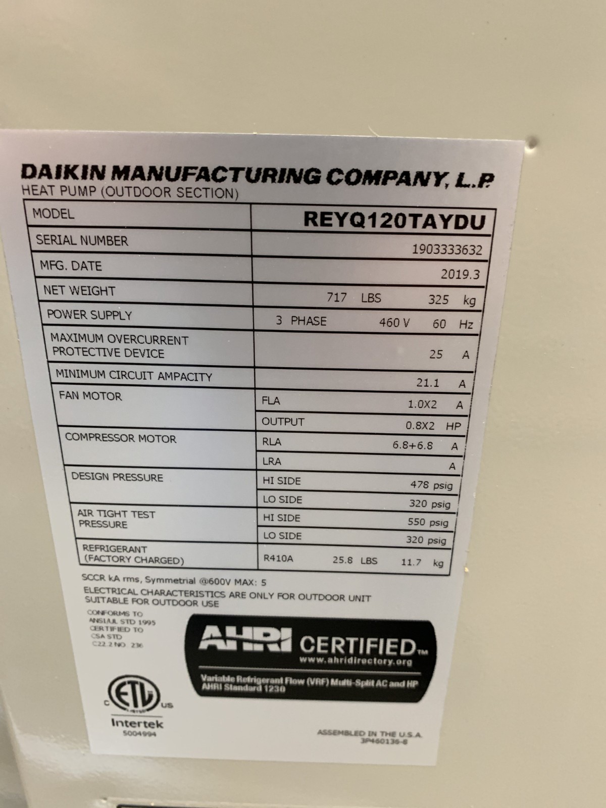 Daikin REYQ120TAYDU 10-Ton VRV IV Air-Cooled Heat Recovery Outdoor Unit 3PH 460V