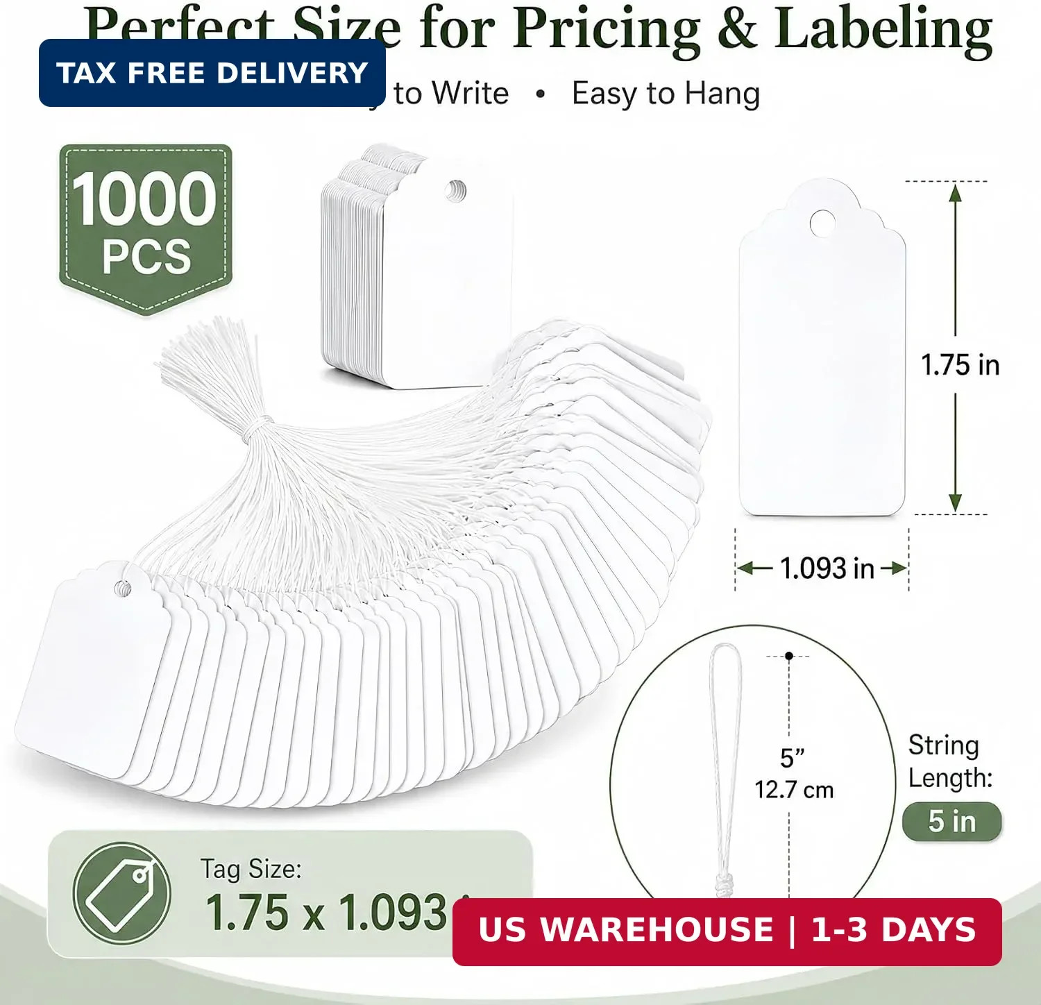 1000 Garage Sale Price Tags Size #5 White Merchandise Hang String Strung Garment
