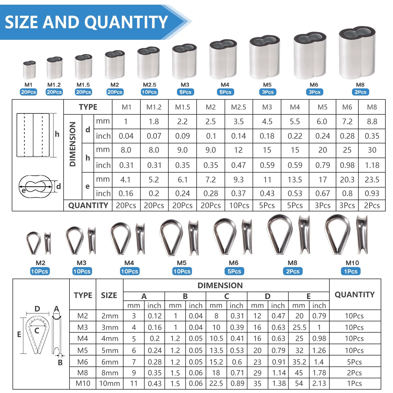 RABECH 156pcs Wire Rope Thimbles and Crimping Sleeves Kit