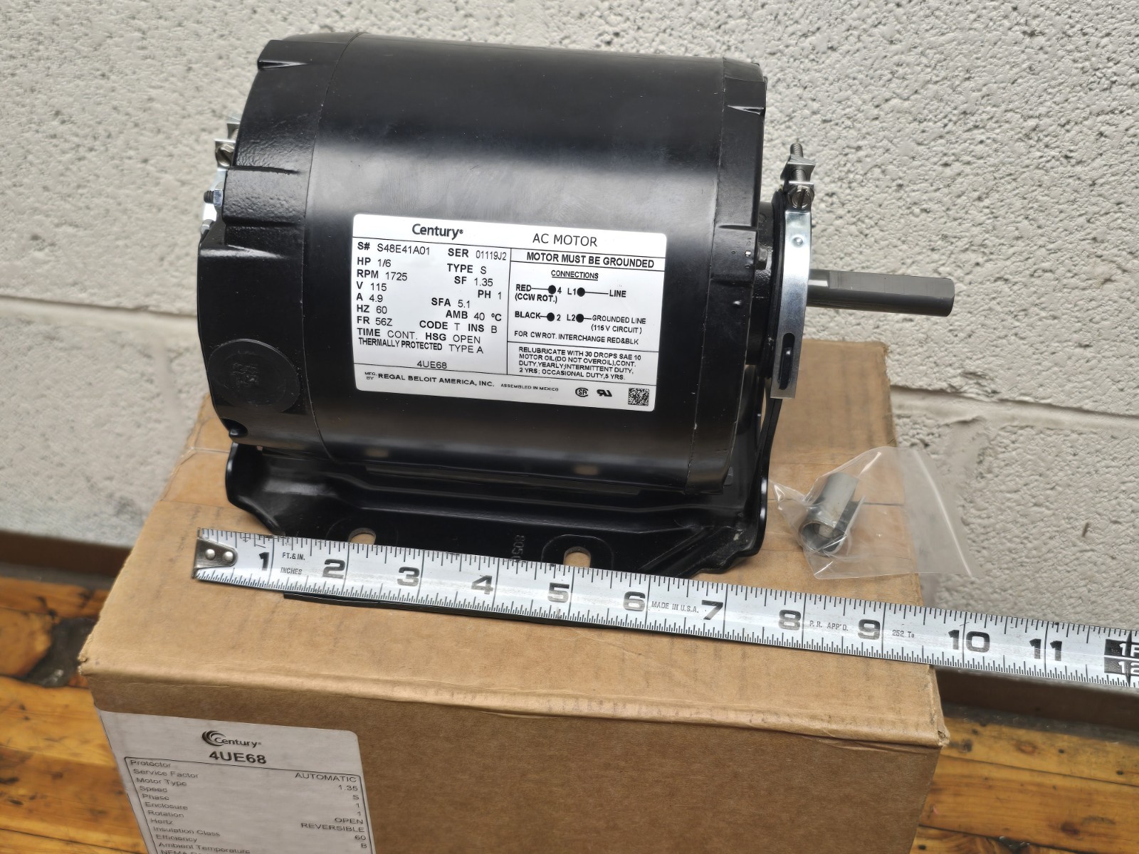 Century AC Motor 4UE68, 115VAC, 1Ph, 60Hz, 1725 RPM, 1/6 HP NEW