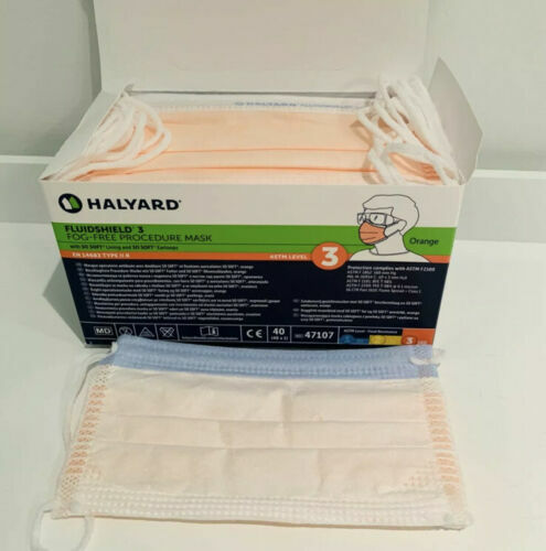 Halyard ASTM 47107 FluidShield Level 3 Orange Medical Grade Face Masks 40/Bx