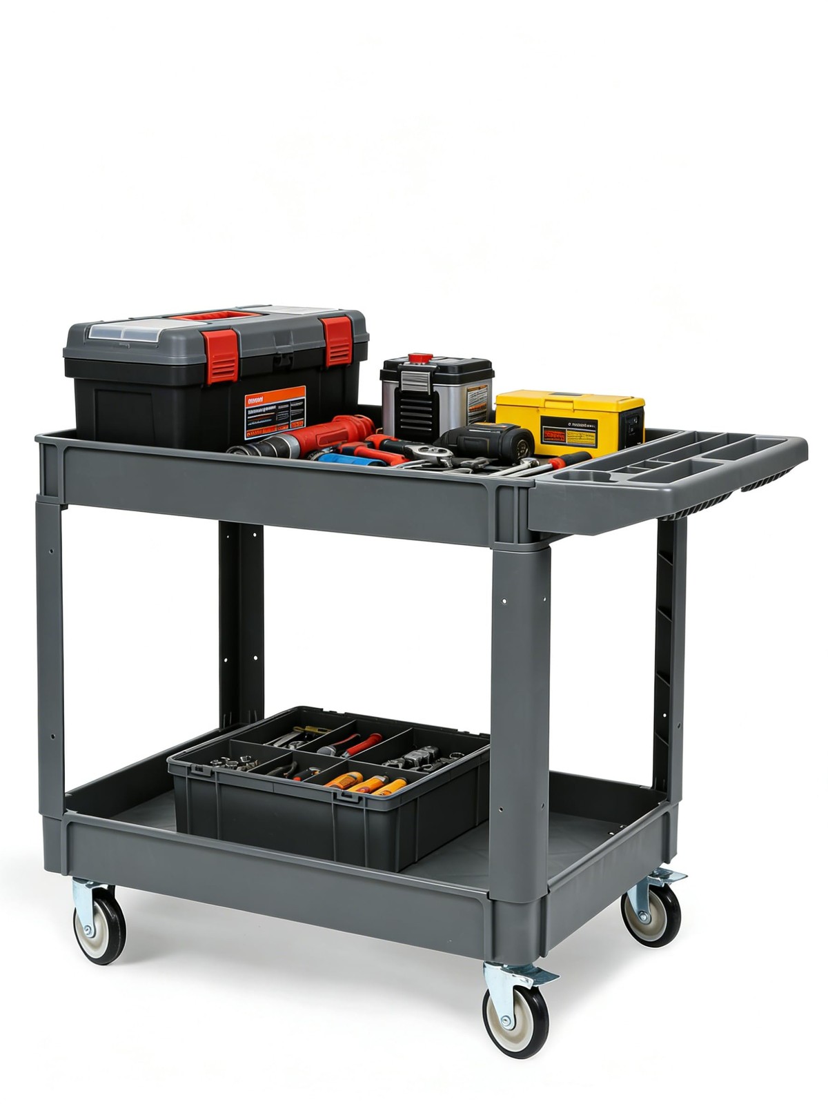 Utility Service Cart, 2 Shelf 550LBS Heavy Duty Plastic Rolling Utility Cart