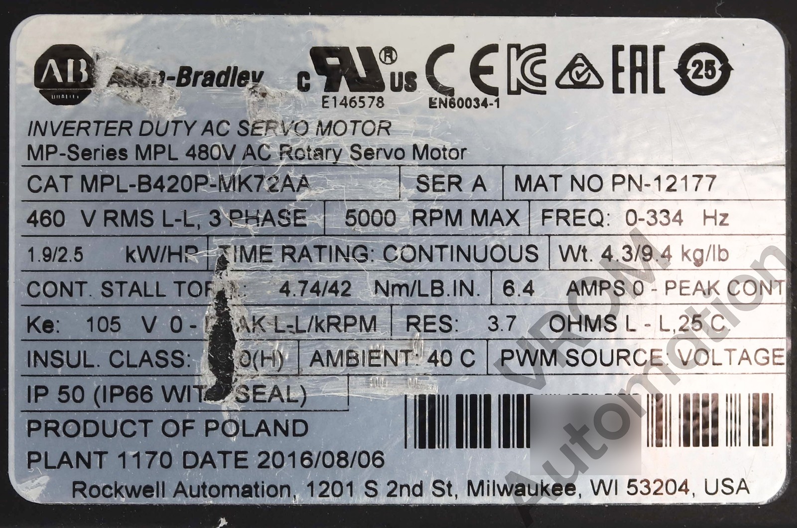 Surplus Allen Bradley MPL-B420P-MK72AA /A Kinetix Low Inertia Servo Motor 2.5 HP