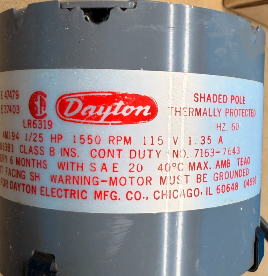Dayton 4M194 Fan Blower Motor 1/25HP 115V 1550RPM 3.3in Shaded Pole