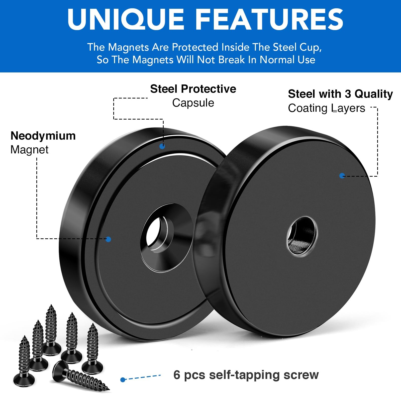 Heavy Duty Magnets with Hole 150LB Strong Neodymium Wall Mount Magnets 6 Pack