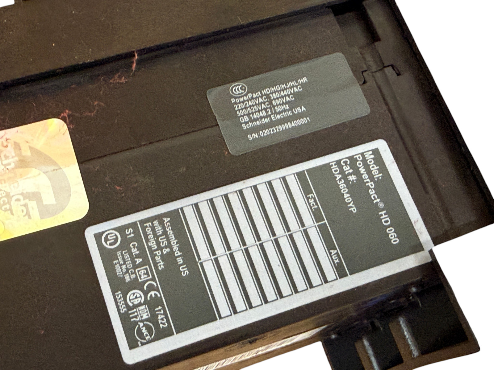 SQUARE D HDA36040YP 40A 3-POLE 600V I-LINE POWERPACT HD 42KA CIRCUIT BREAKER