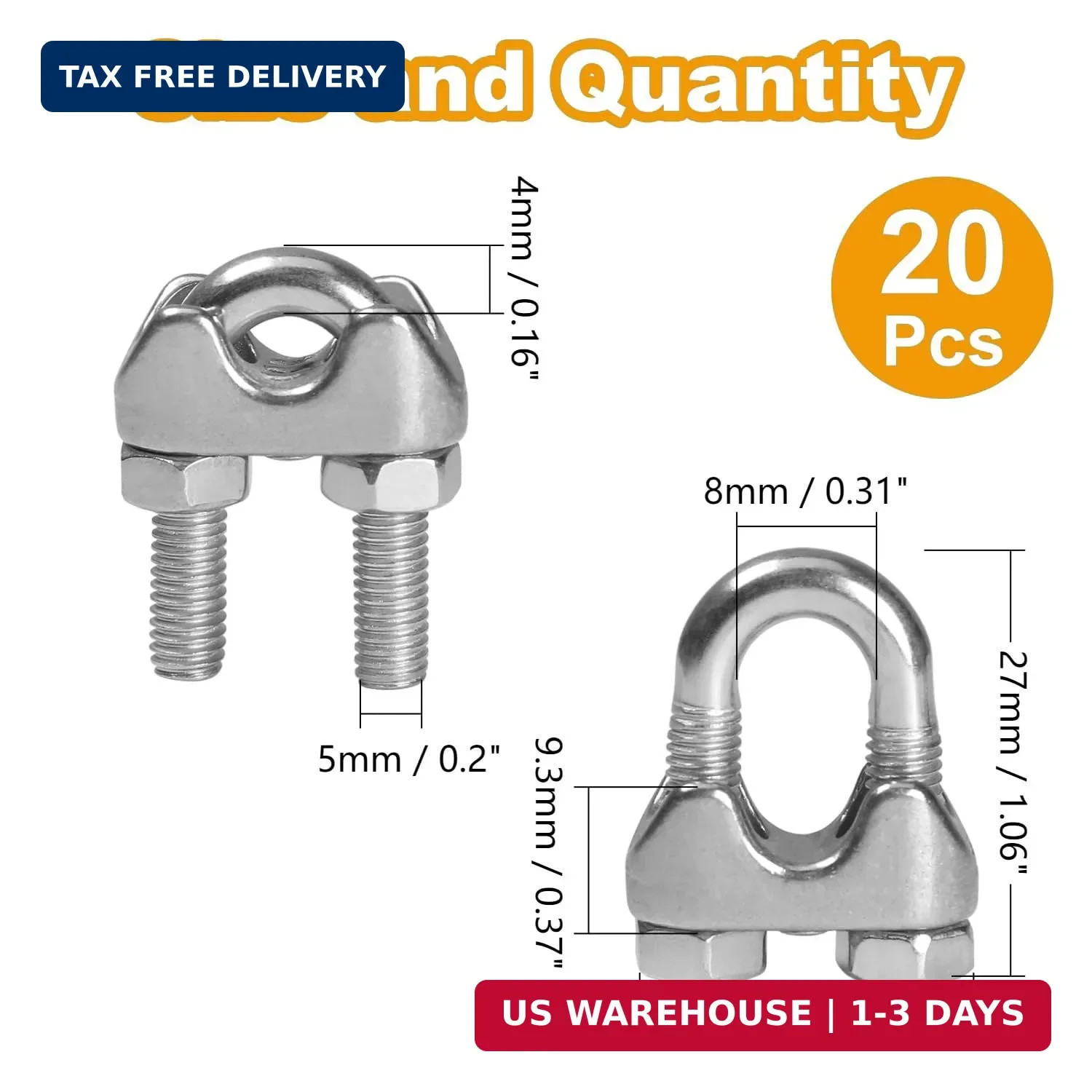 20PCS M5 3/16 Stainless Steel Wire Rope Cable Clip Clamp U-Bolt Clamp Kit