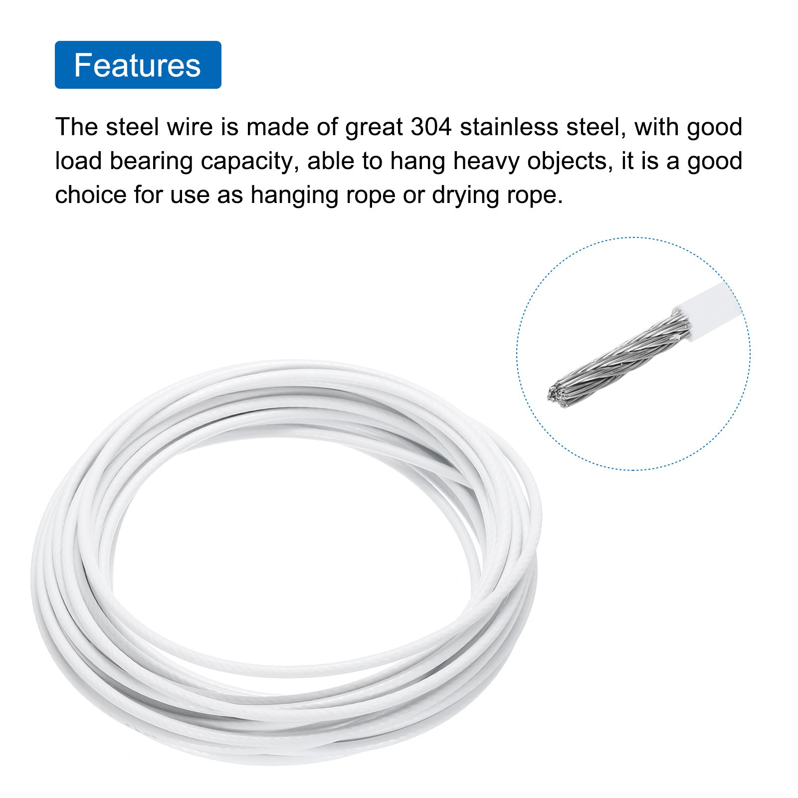 33Ft(10M) Wire Rope 304 Stainless Steel 5/32″ (4 mm) with 2Pcs Sleeve White