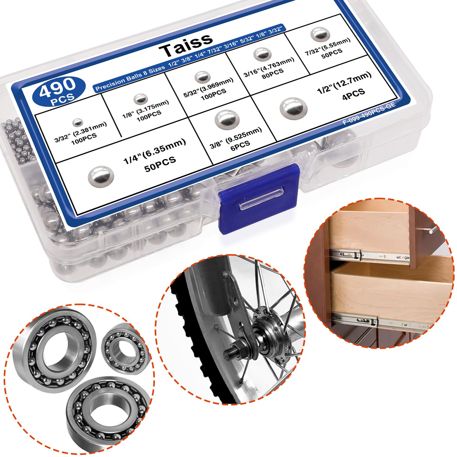 490PCS Precision Steel Ball Assortment Kit 8 Sizes Bearings Hardware Set