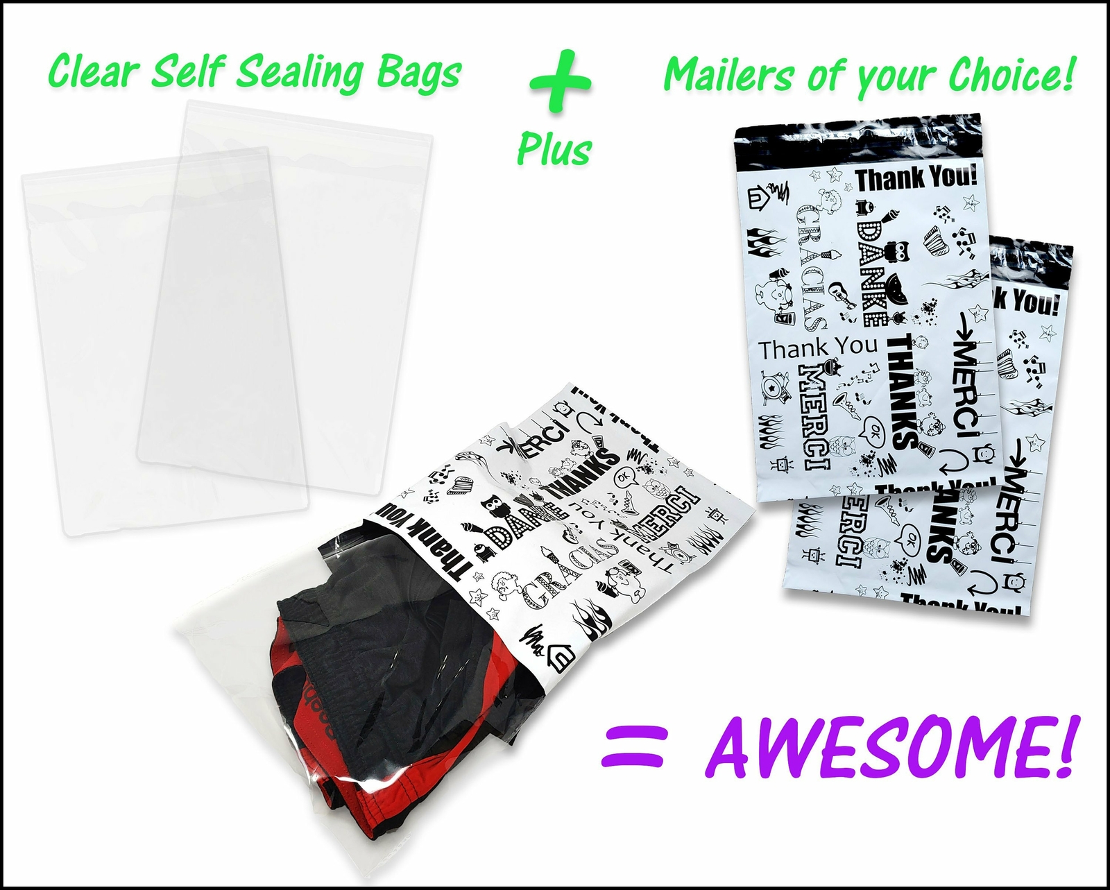 100 Pack, 50 Each 10×13″ Flat Poly Mailers & Clear Self Sealing Bags for Shirts