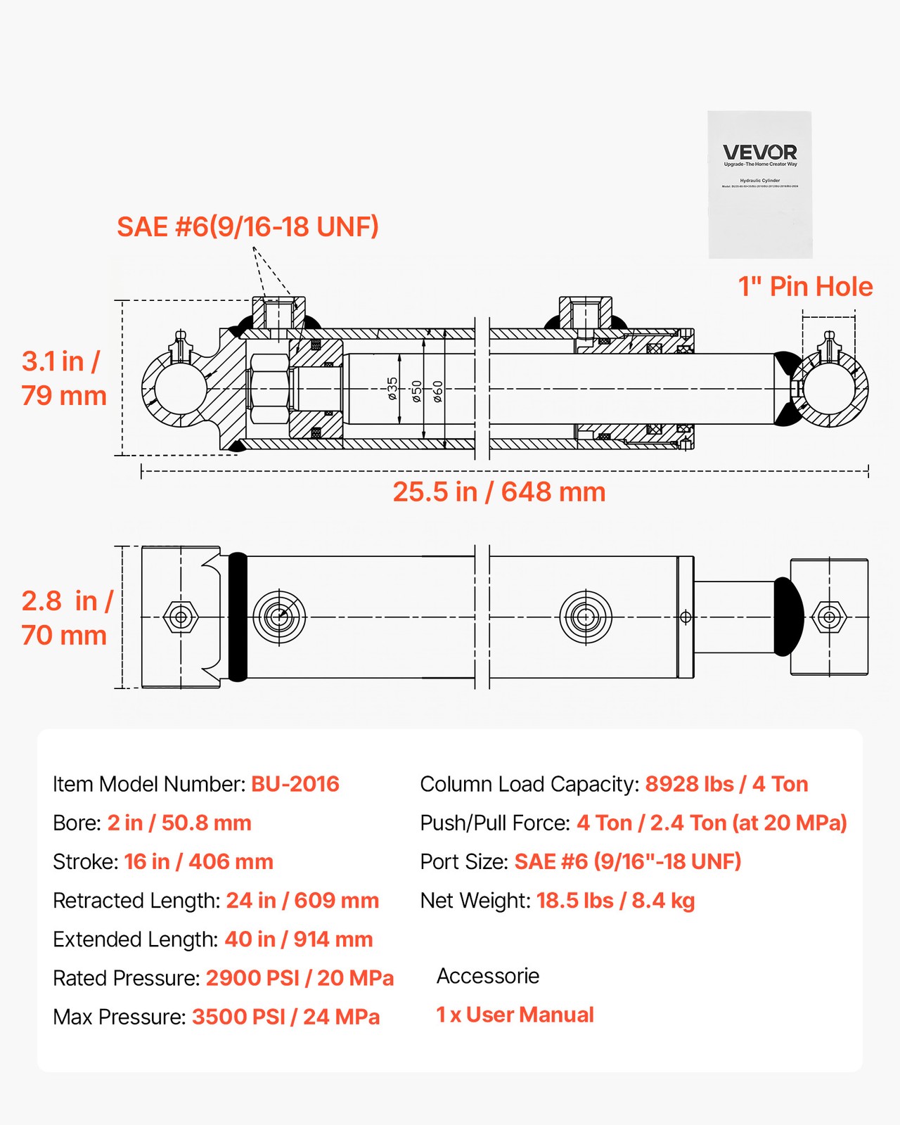 VEVOR Double Acting Hydraulic Cylinder Max 3500PSI Pressure 2″ Bore & 16″ Stroke