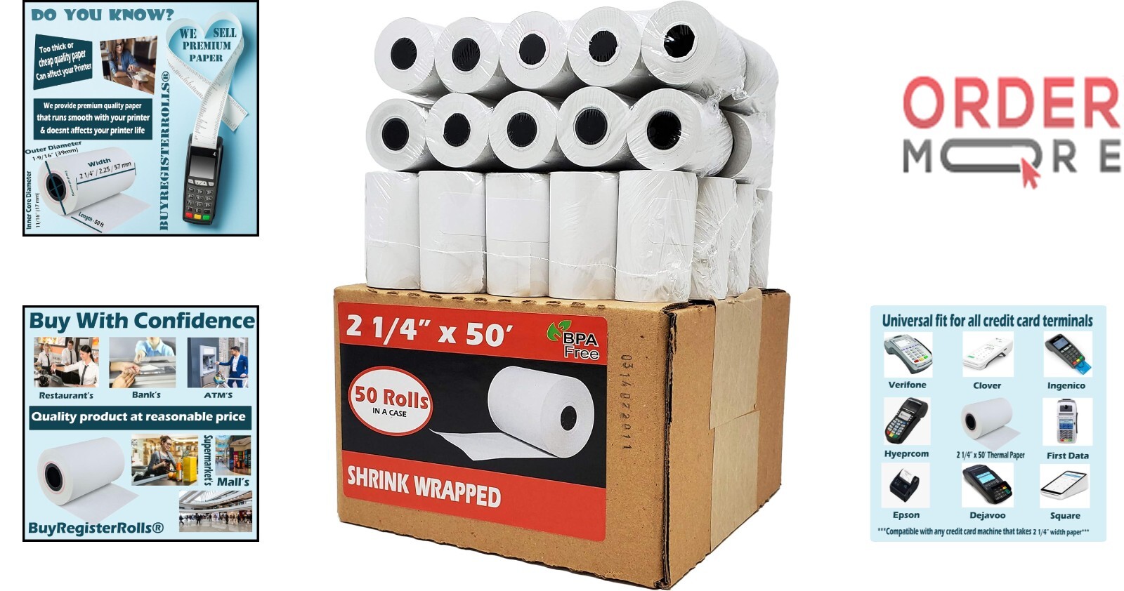 Thermal Receipt Paper Rolls 2 1/4 x 50ft, BPA Free, Recyclable for POS Machines