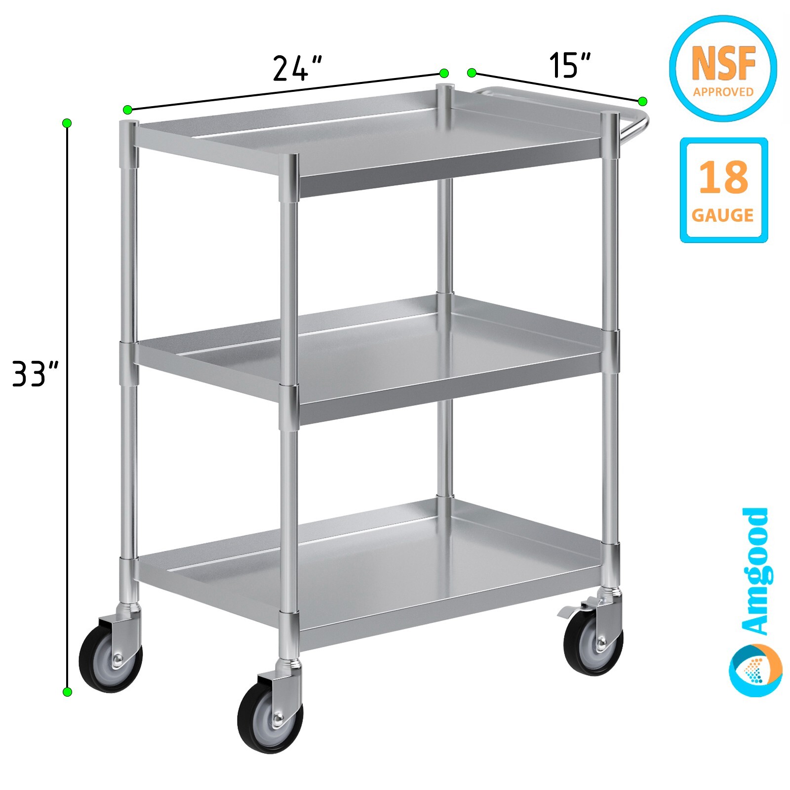 3 Shelf Stainless Steel Tubular Cart. 15 in. x 24 in. x 33 in.
