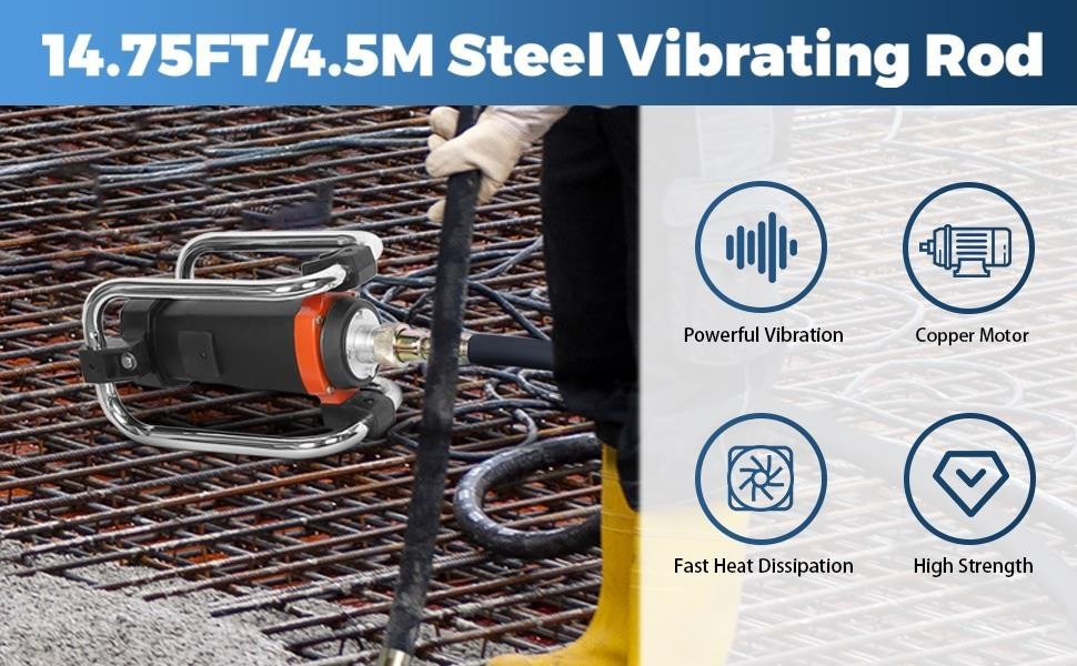 1300W Power Concrete Vibrator 16000 VPM Durable 2HP 14.75 FT Copper Engine