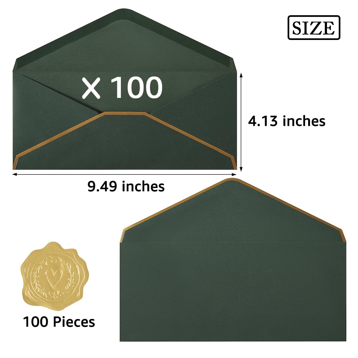 100 Pack #10 Business Envelopes with Gold Stickers, Dark Green