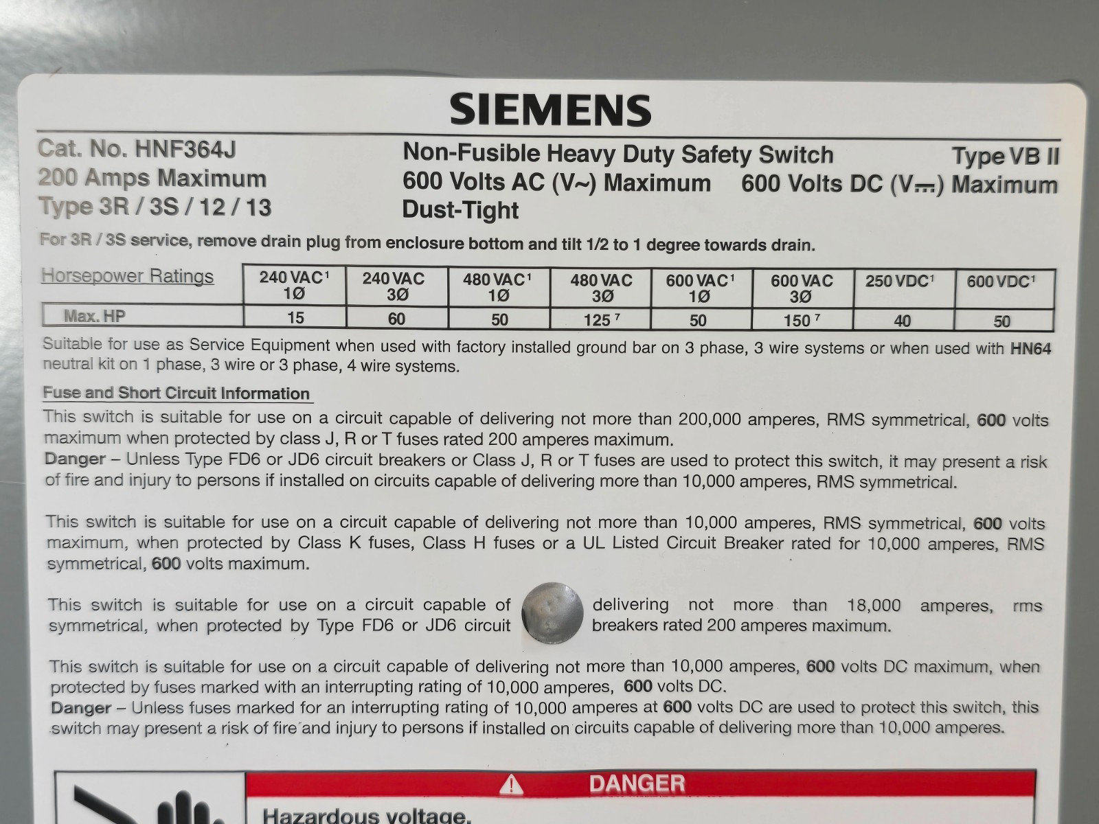 SIEMENS HNF364J, NON-FUSED HEAVY DUTY SAFETY SWITCH ,3p/200A/600V, NEW IN BOX!