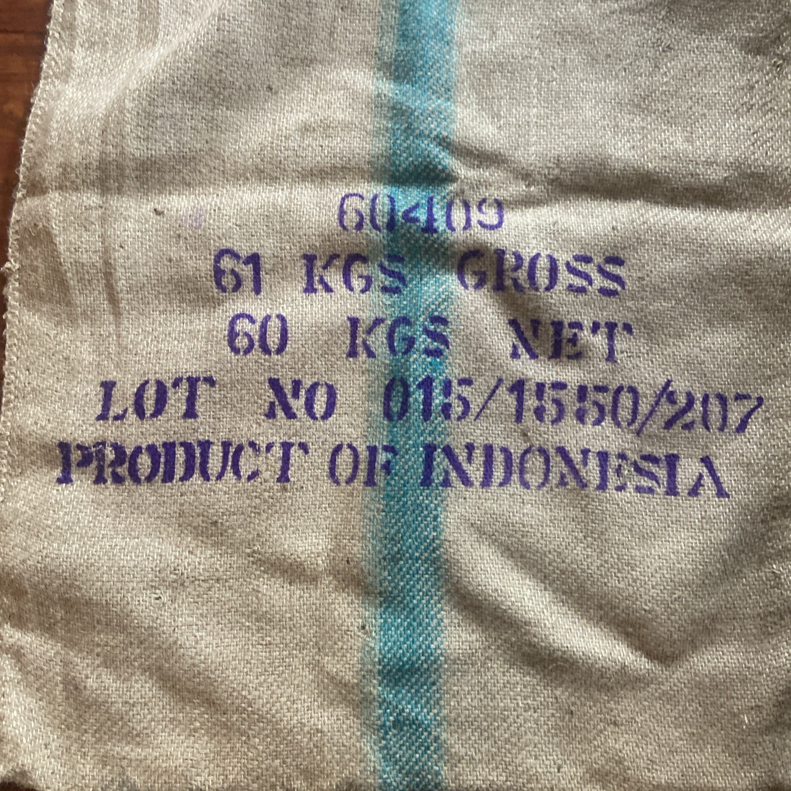 AUTHENTIC JUTE, BURLAP, COFFEE, BEAN BAG, PRODUCT OF INDONESIA 43”x29 APPOX