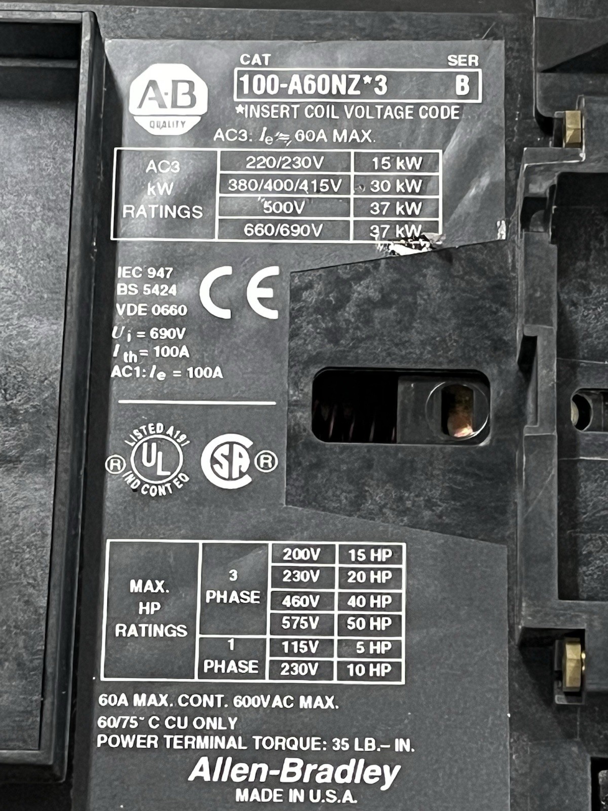 Allen-Bradley 100-A60NZ*3 Contactor Series B 3 Pole 60A 600VAC Max + 100-GA01