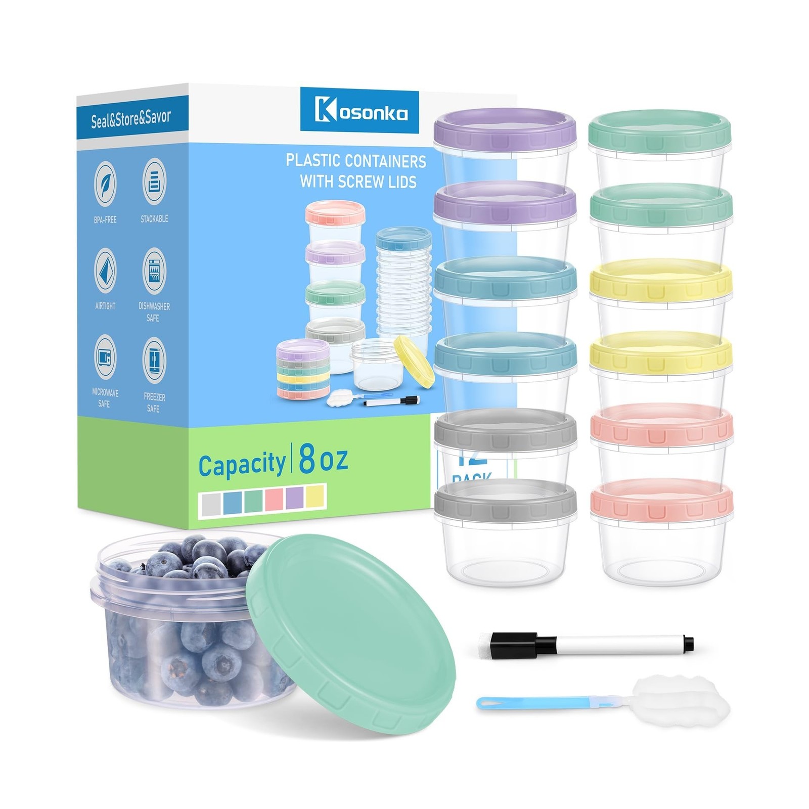12 Piece 8 oz Plastic Food Storage Containers with Lids, Reusable Freezer Sto…