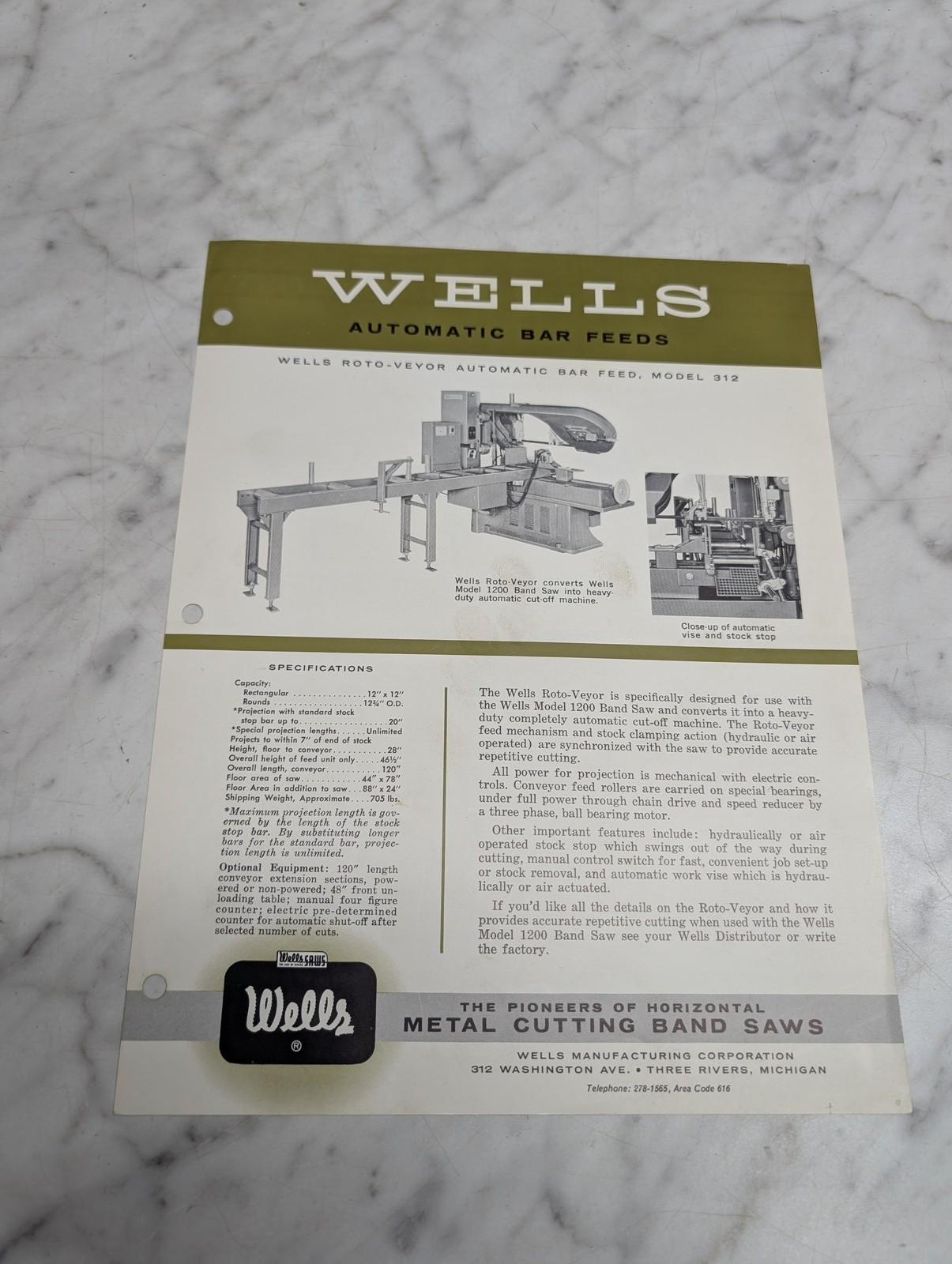 WELLS ROTO VEYOR AUTOMATIC BAR FEED MODEL 312 SALES BROCHURE INFORMATION