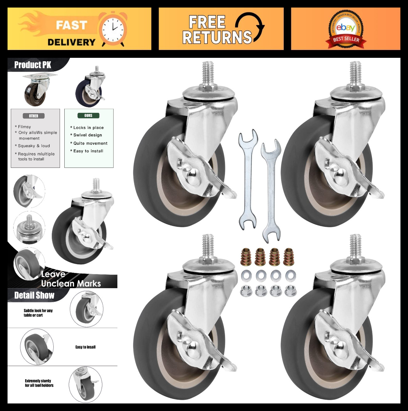Heavy Duty 3″ Swivel Caster Wheels Set of 4 with Brake, M8-1.25-15 for Trolley &