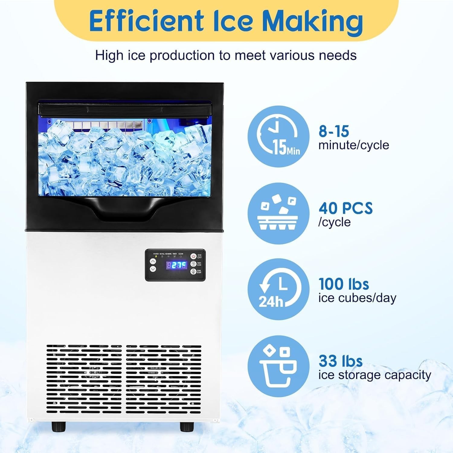 100LBS 24H Commercial Ice Maker Stainless Steel Ice Machine with 33LBS Bin
