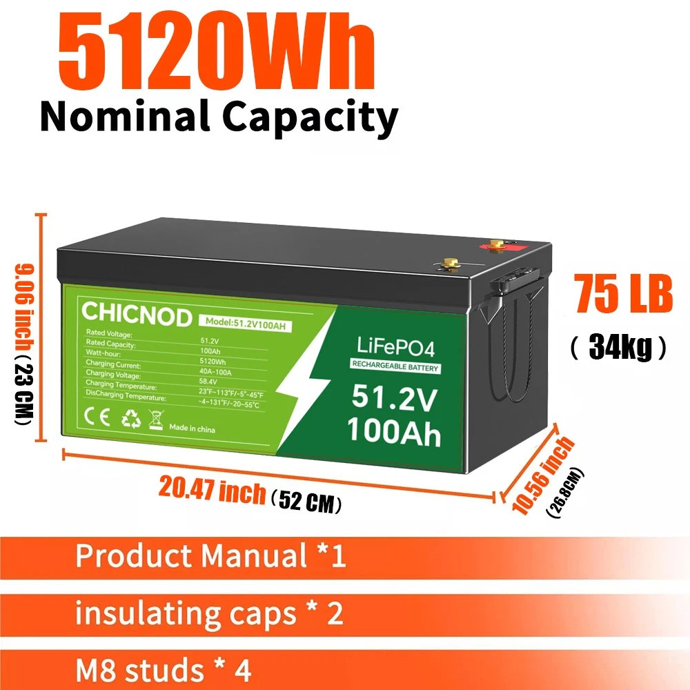 NEW 48V 100Ah LiFePO4 Lithium Battery 5120Wh Built-in BMS whit 58.4V 20A Charger