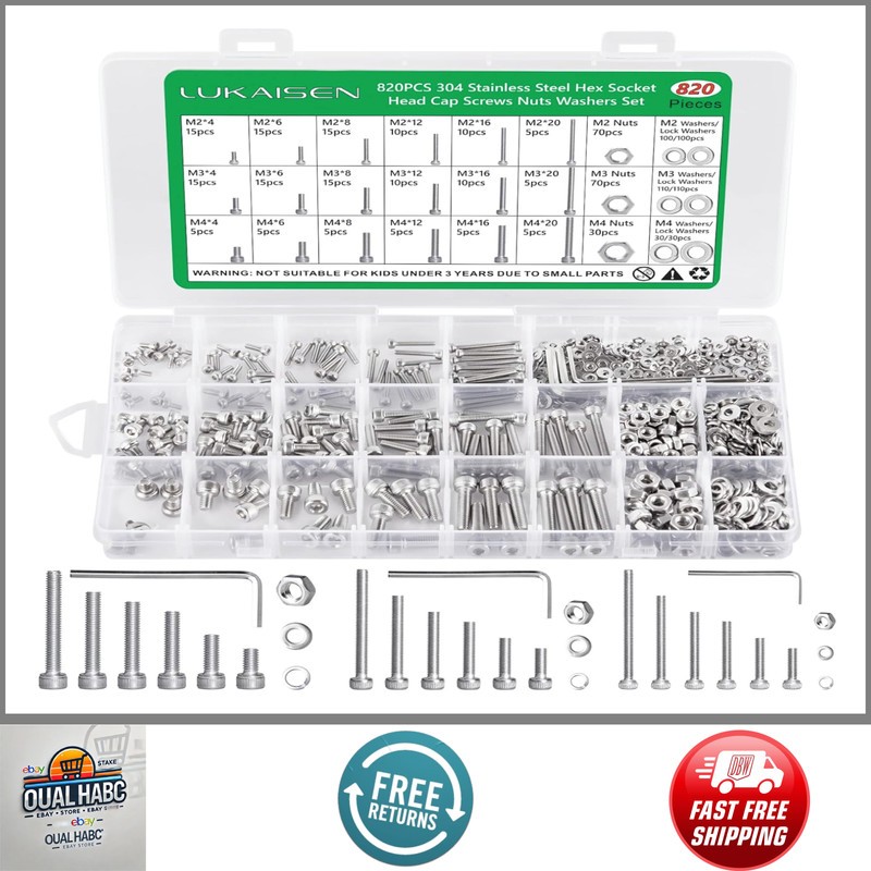 820PCS M2 M3 M4 Screws Nuts Set Stainless Steel Hex Bolt Assortment Kit w/Wrench
