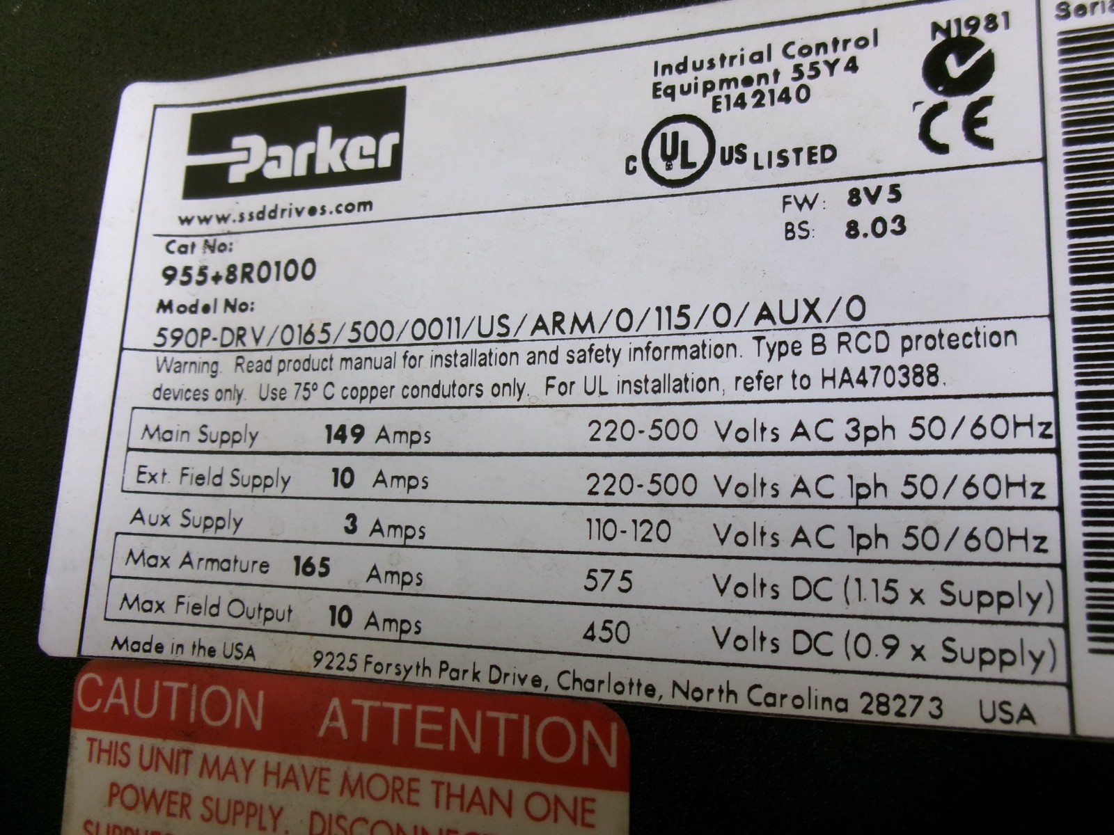 Parker 590P-DRV/0165/500/0011/US/Arm/0/115/0/AUX/0 Drive , 955+8R0100