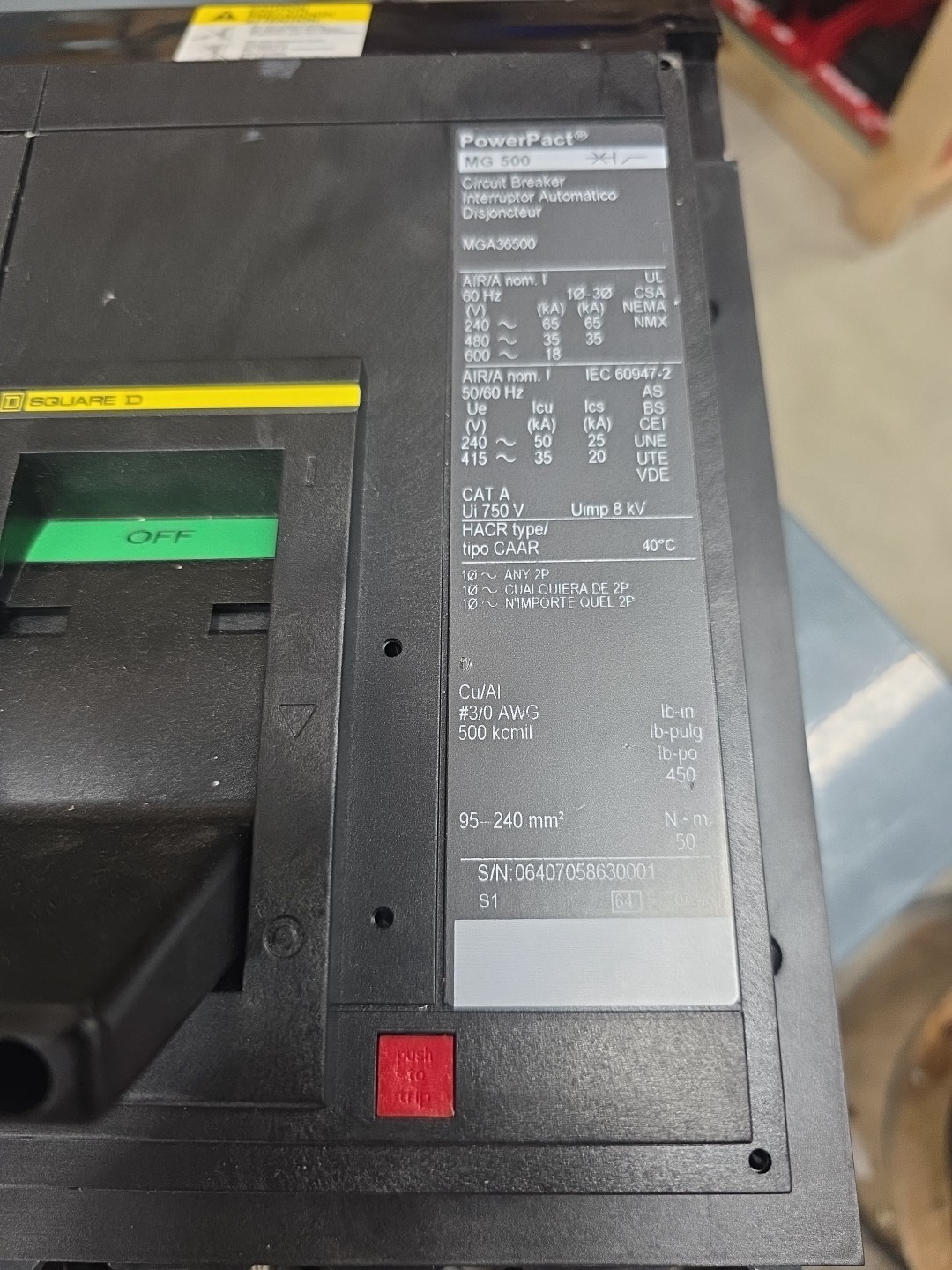 Square D MGA36500 I-Line Circuit Breaker 500A 3P 600V MGA 500 Amp 3 Pole