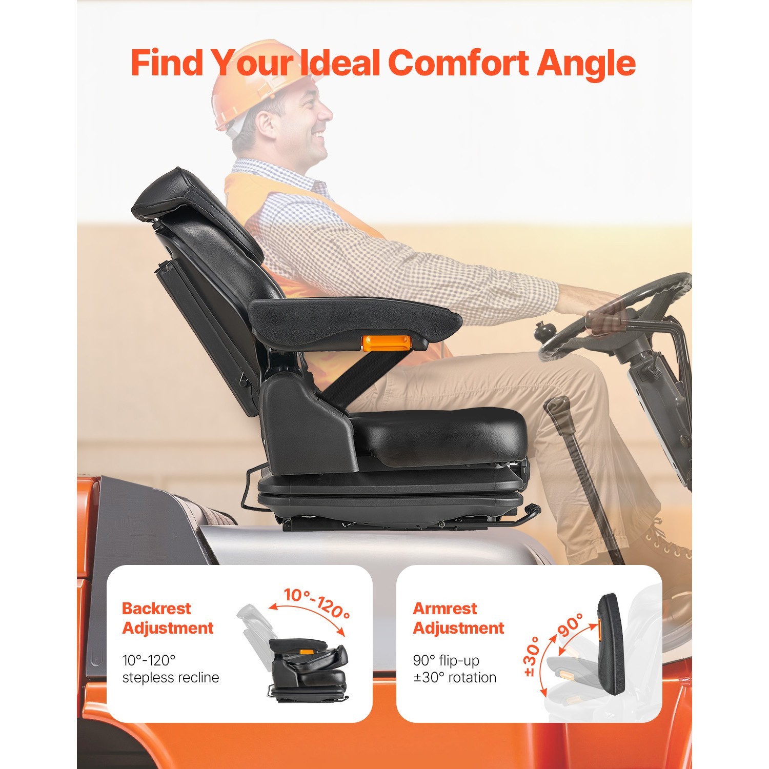 Forklift Seat Tractor Suspension Seat Fold Down Adjustable Back & Headrest