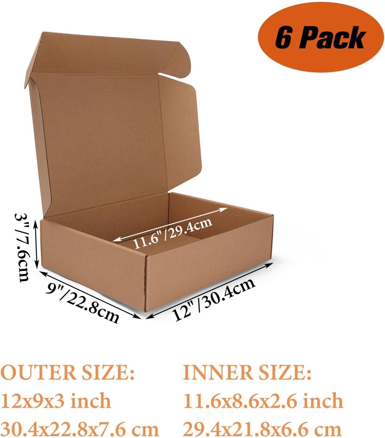6 Pack Brown Shipping & Gift Boxes, 12x9x3 Inch Kraft Cardboard Mailers for S…
