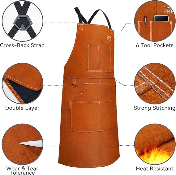JASIC Cowhide Leather Welding Apron Adjustable, Heat Flame Resistant w/6 Pockets