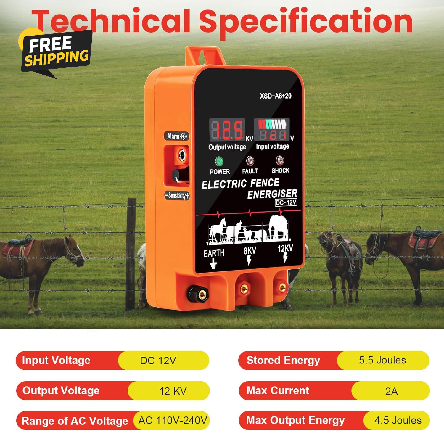 5.5J Electric Fence Charger Energizer, 5.5 Joules 10 Miles, AC DC 2 in 1 Powered