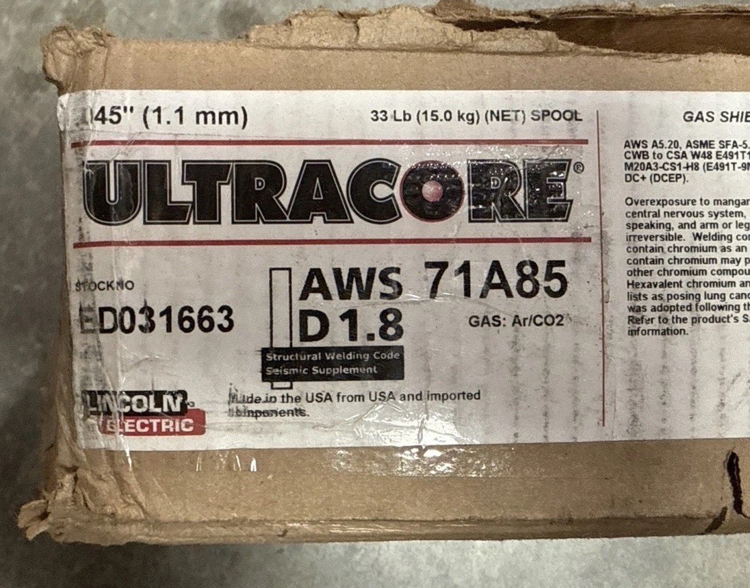 Lincoln ED031663 UltraCore 71A85 Flux Cored Welding Wire E71T-9M, 0.045 in, 33lb