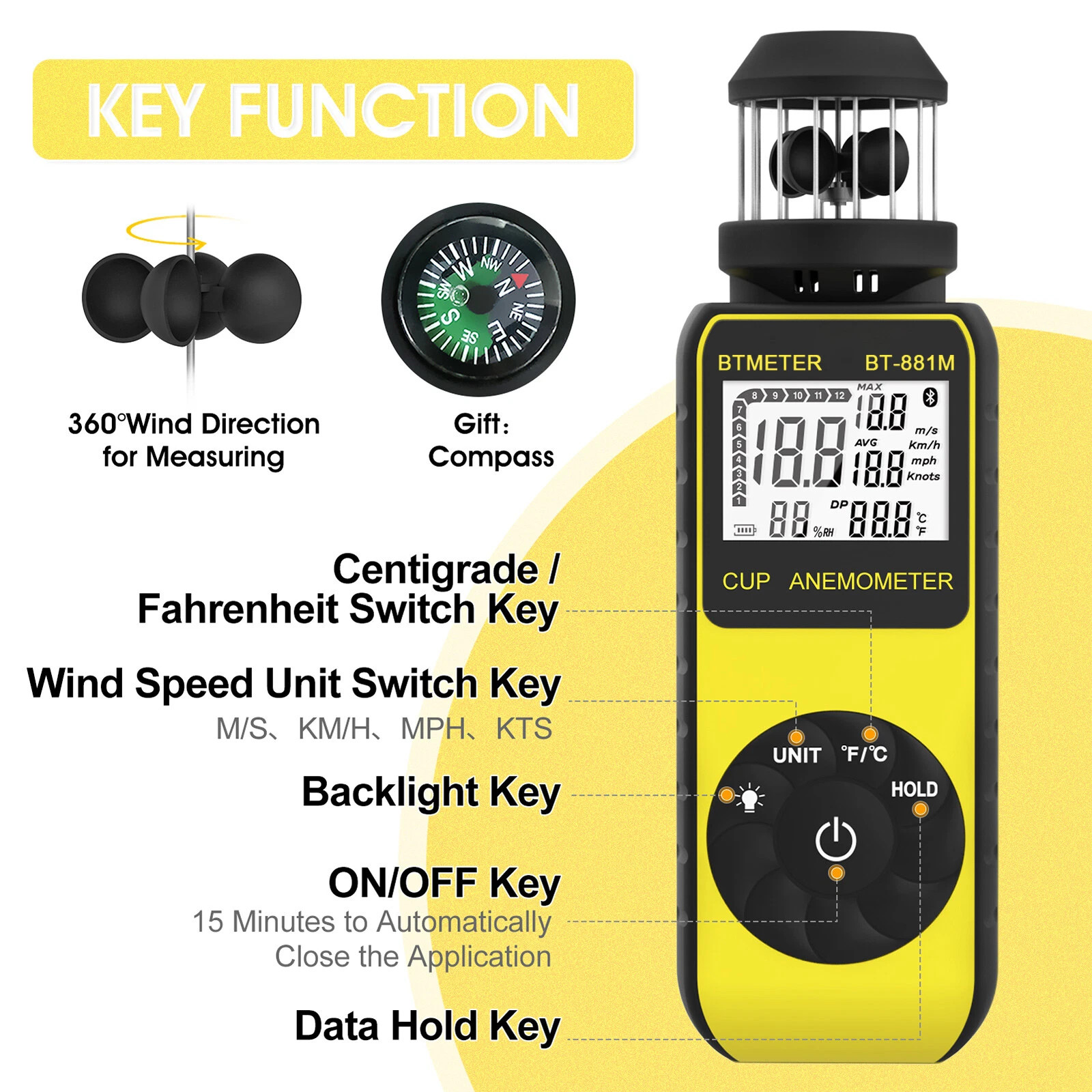 Anemometer Wind Speed Meter & temp LCD Backlight Data Hold mph/℉ Air Flow Gauge