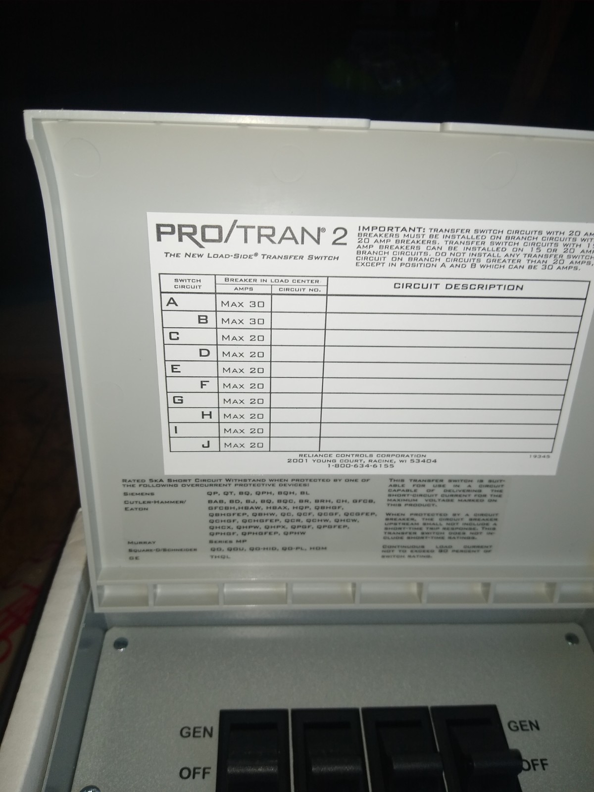 Reliance Controls manual transfer switch. Maximum Watts 3750, 4 curcuits,