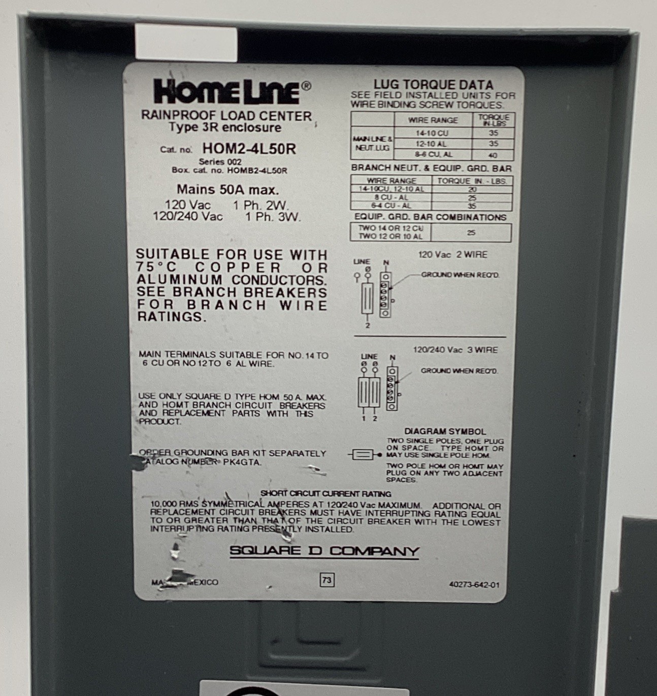 Square D HOME250SPA Homeline 50A Enclosed Main Breaker NEW NO BREAKER