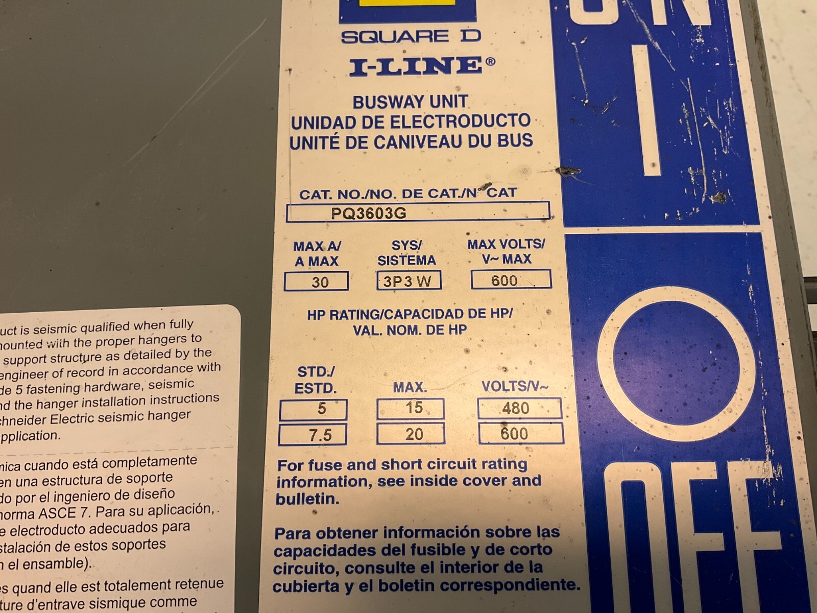 Square D PQ3603G I-LINE Fusible Busway Unit 30 A 600 V 3P 3W PQ-3603G (VT)