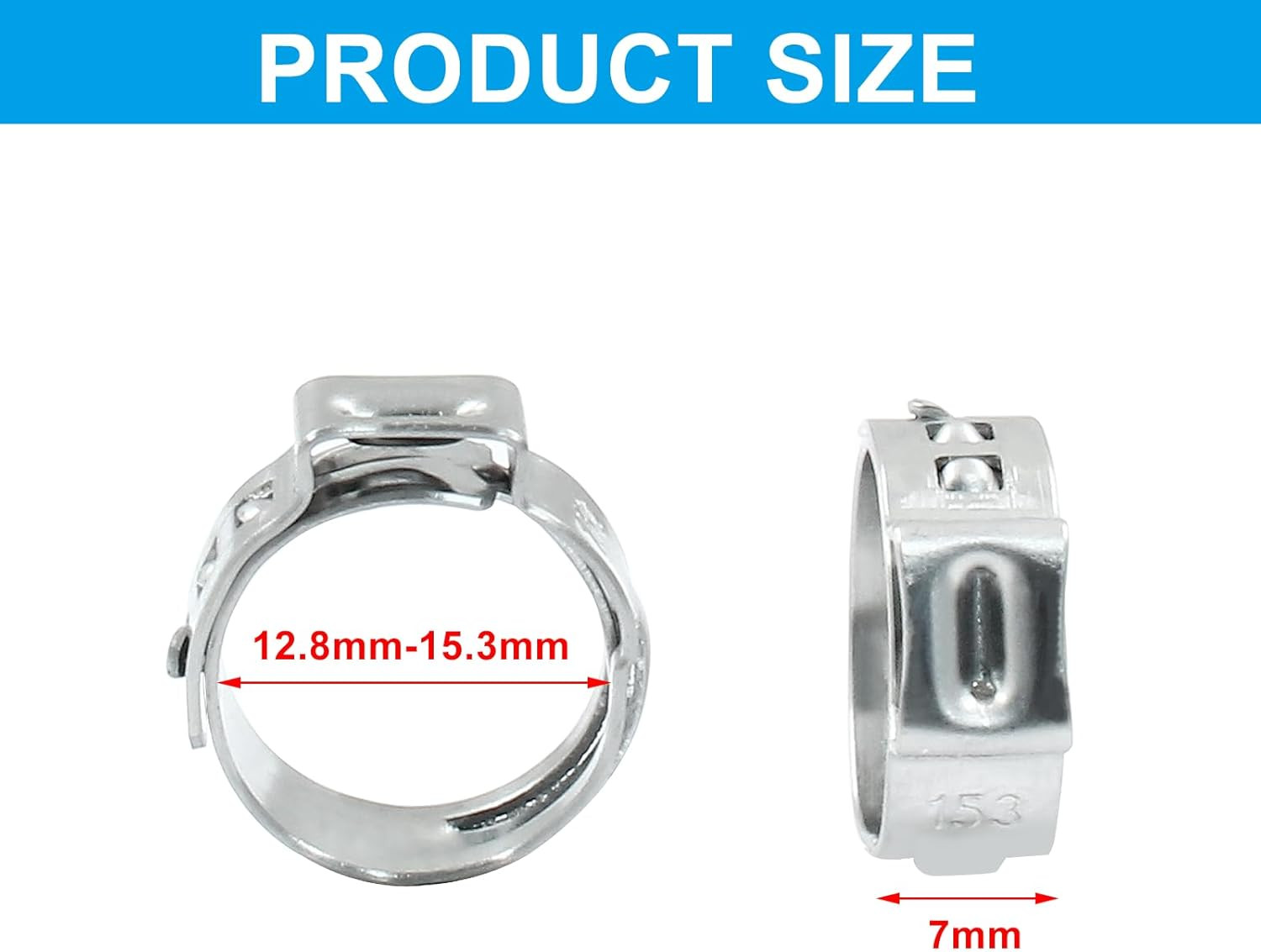 50 Pcs Single Ear Hose Clamp 12.8Mm-15.3Mm, Stainless Steel Crimp Rings