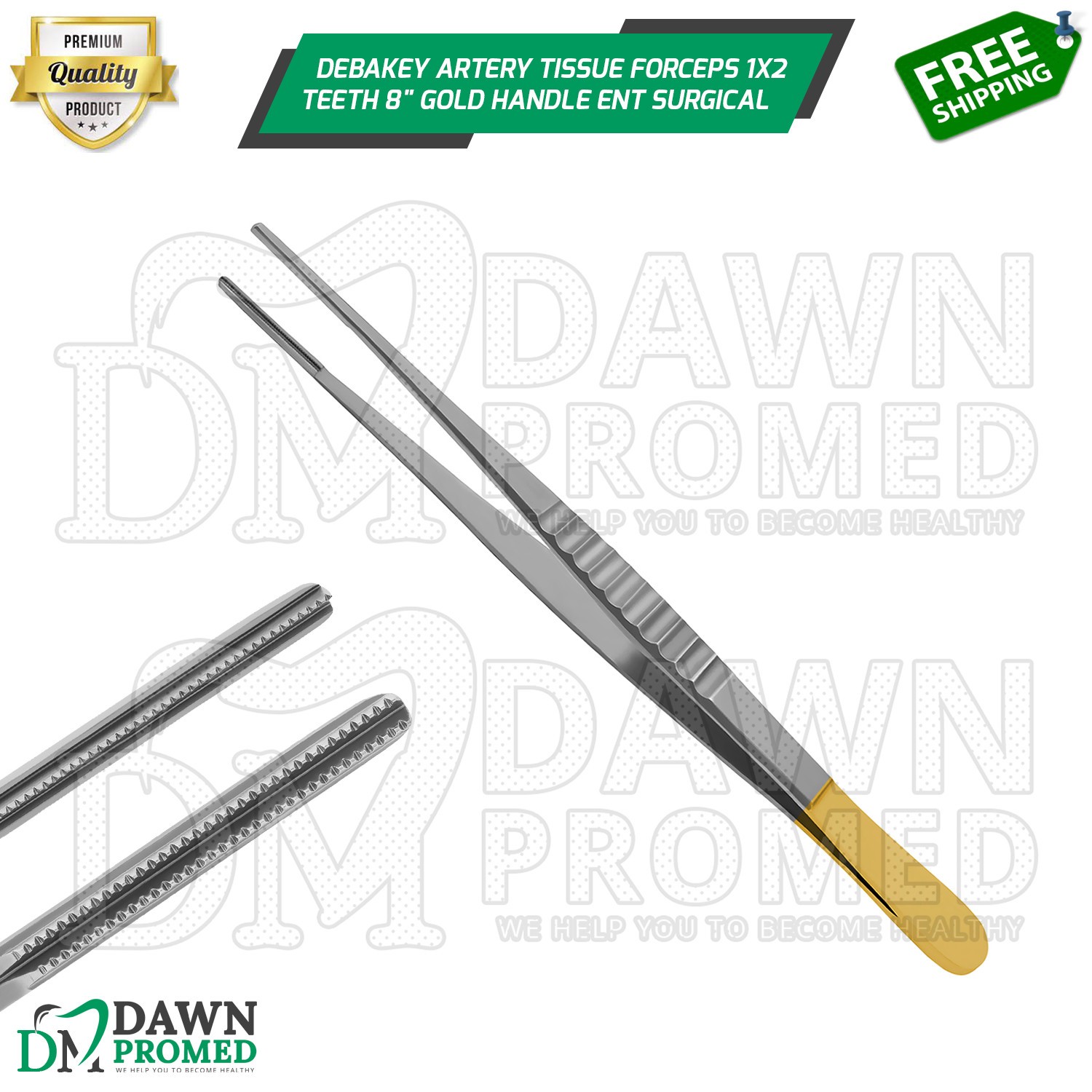 Debakey Artery Tissue Forceps 1×2 Teeth 8″ Gold Handle ENT Surgical Instruments