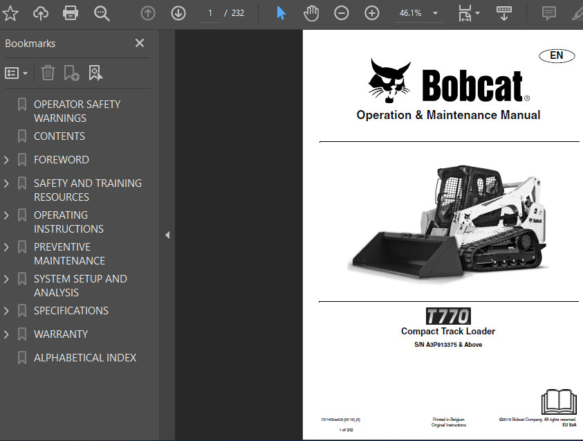 BOBCAT T770 COMPACT TRACK LOADER OPERATORS SERVICE REPAIR SHOP MANUAL PDF USB