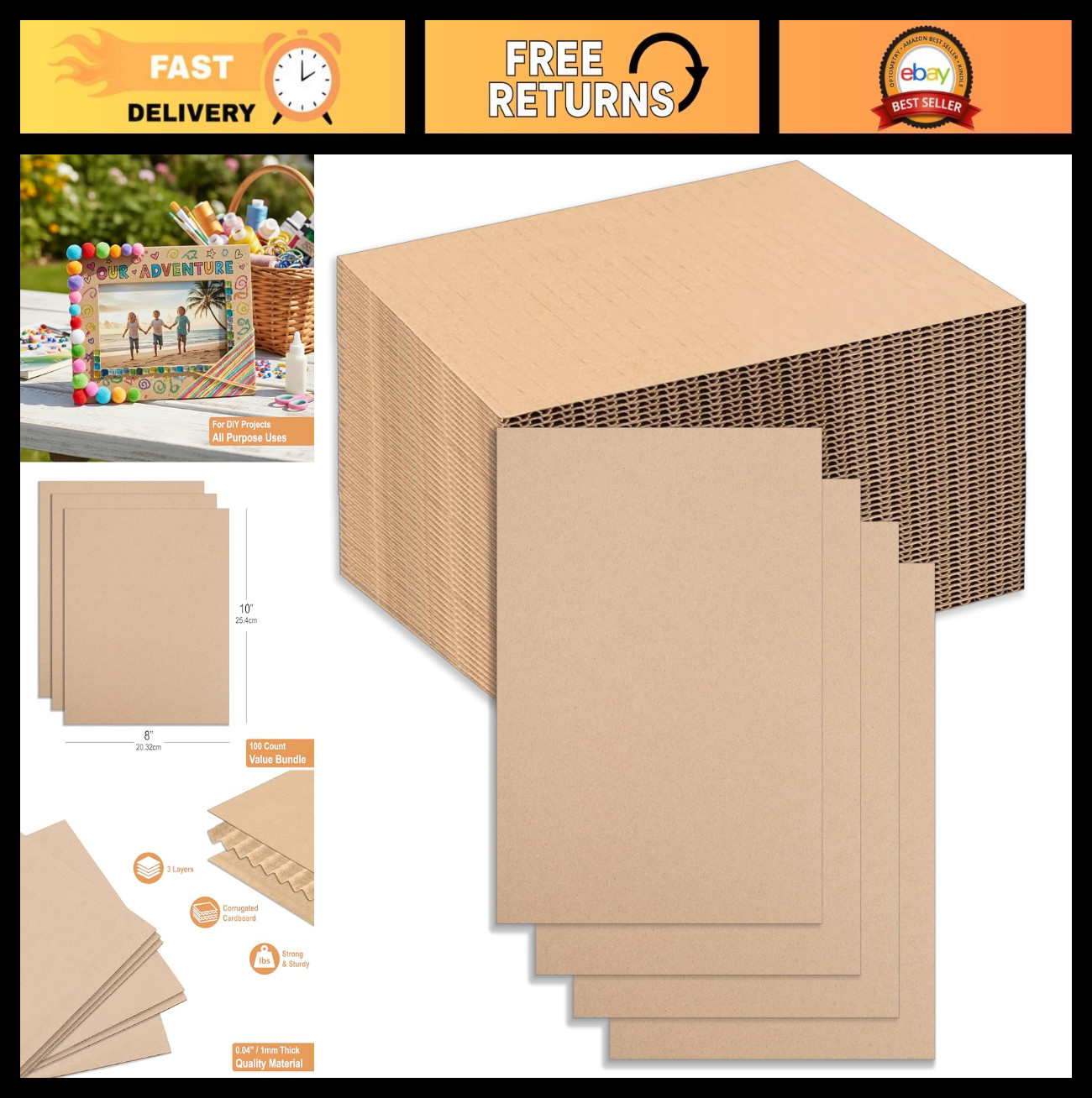 Durable 8×10 Corrugated Cardboard Sheets – 100 Pack, Eco-Friendly, Versatile for
