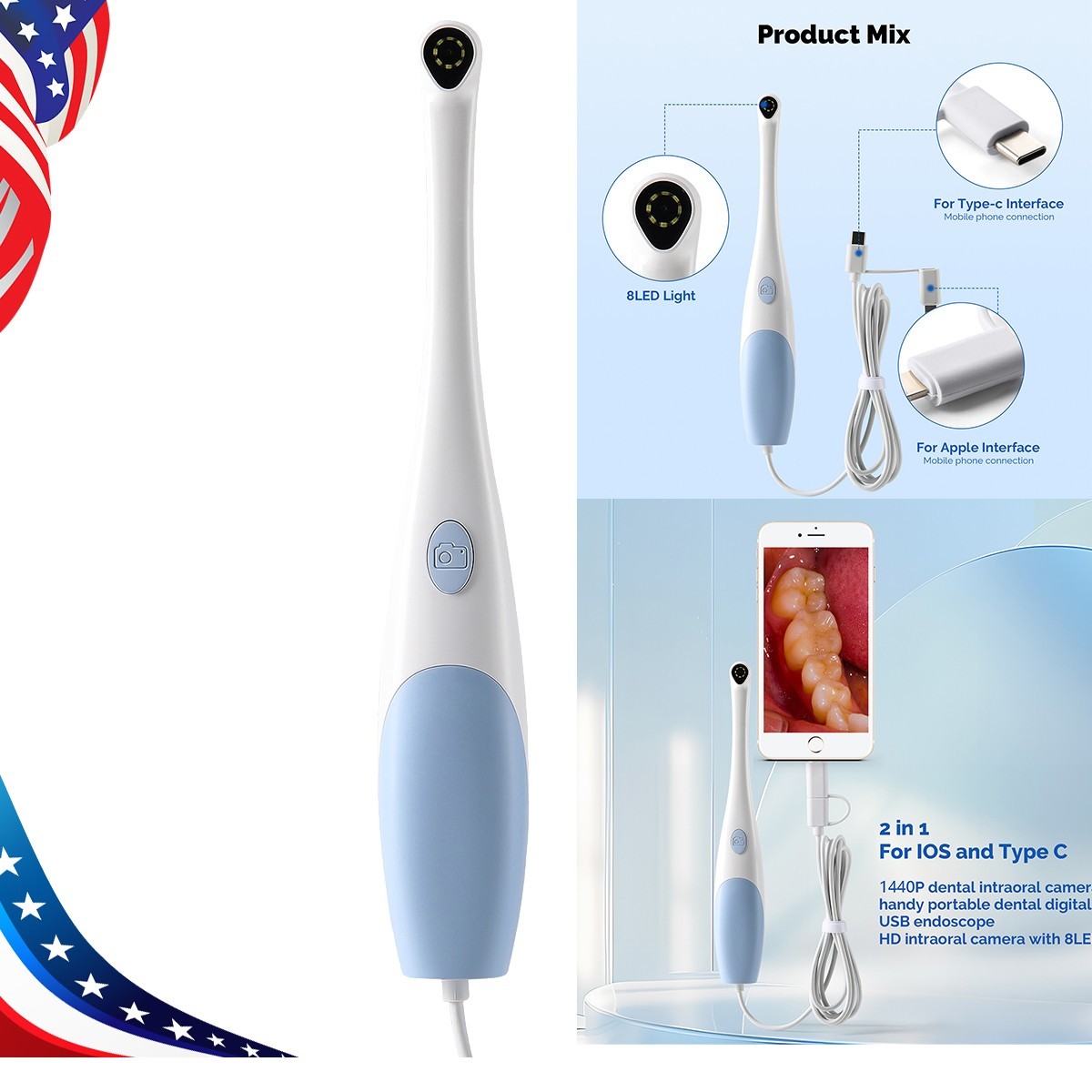 Dental Intraoral Intra Oral Camera USB 1920*1440P Display Automatic Focus 8 LED
