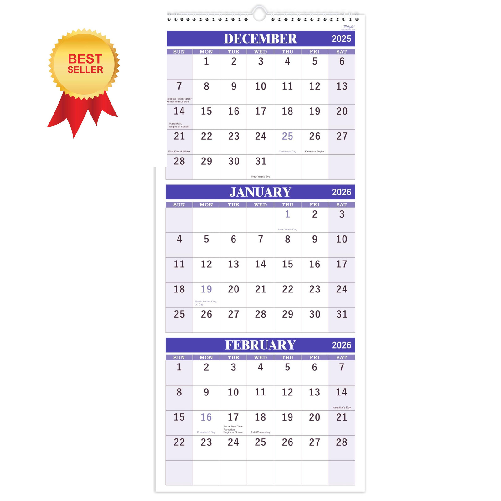2026 Wall Calendar – 3 Month Display (Folded in a Purple